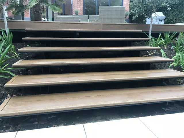 Close view of the floating deck steps